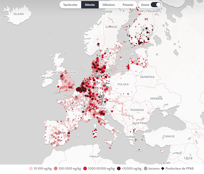 Carte des pollutions aux PFAS en Europe