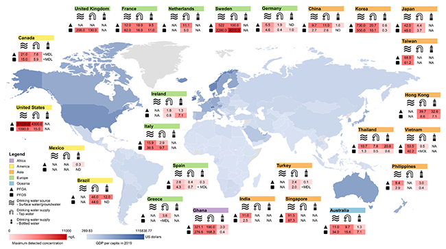 Carte du monde avec les taux maximum de certains PFAS relevés dans l'eau du robinet