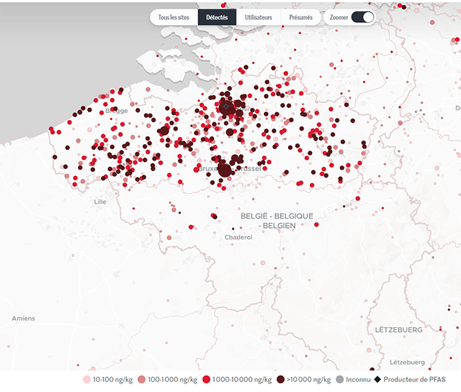 Carte des pollutions aux PFAS en Belgique