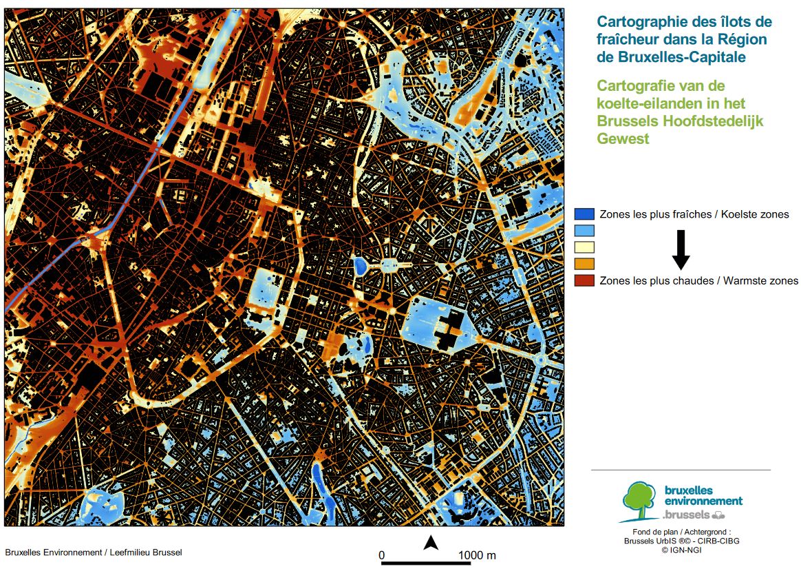 carte des ilots de chaleur et de fraicheur à Bruxelles